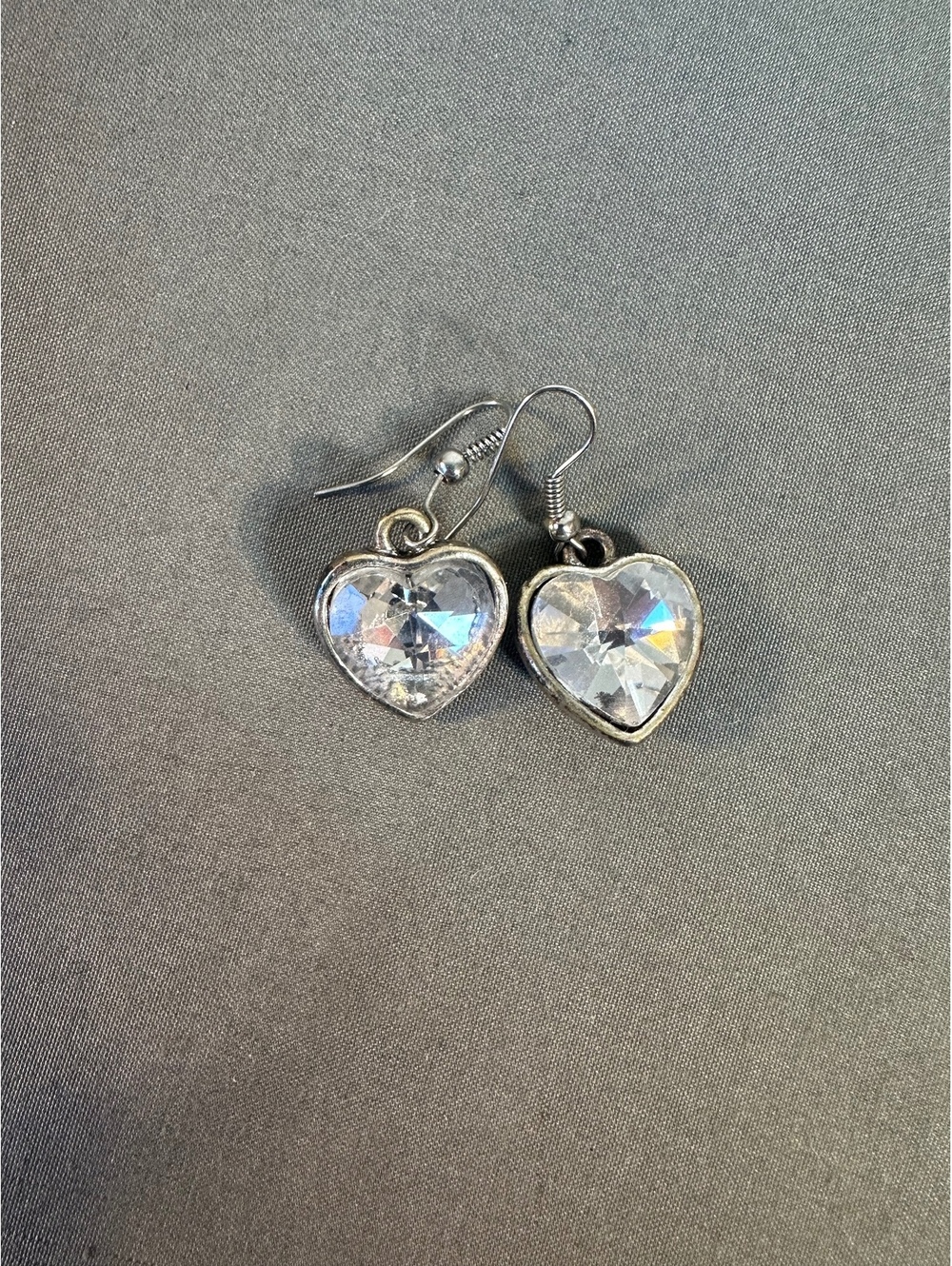 Silver Heart Dangle Earrings With Clear Stone